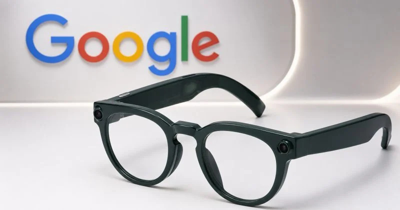 Google AI smart glasses powered by Android XR and Gemini showing augmented reality overlays in a futuristic city