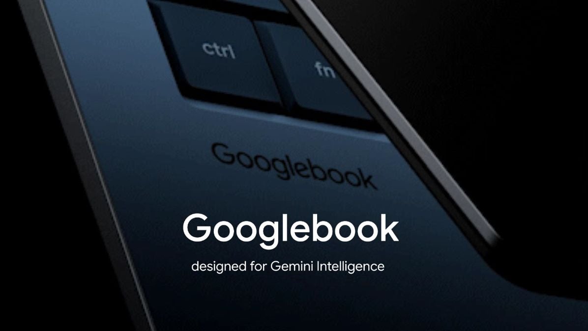 Googlebook laptop showing Gemini AI desktop widgets and ChromeOS desktop interface