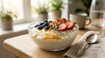 Glass bowl of Greek yogurt with berries and honey in natural morning light