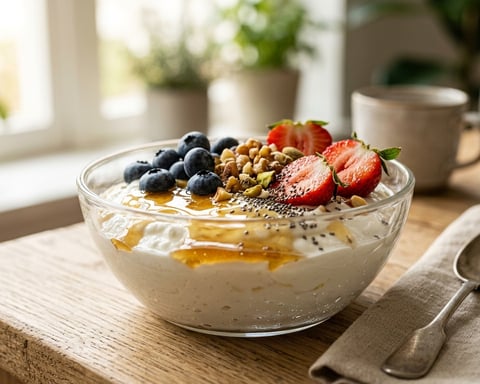 Glass bowl of Greek yogurt with berries and honey in natural morning light