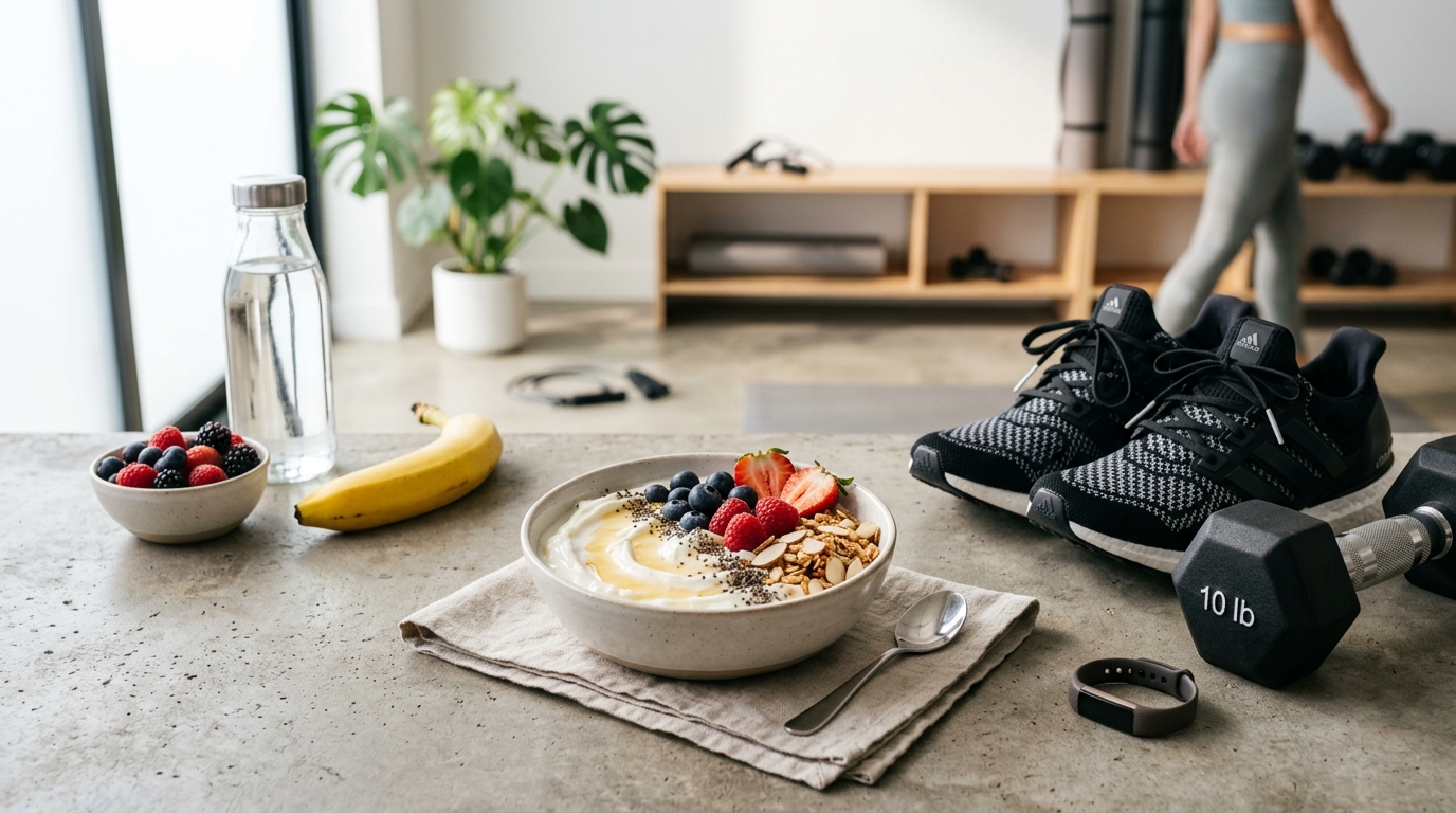 Greek yogurt with fitness gear representing protein intake and metabolism support
