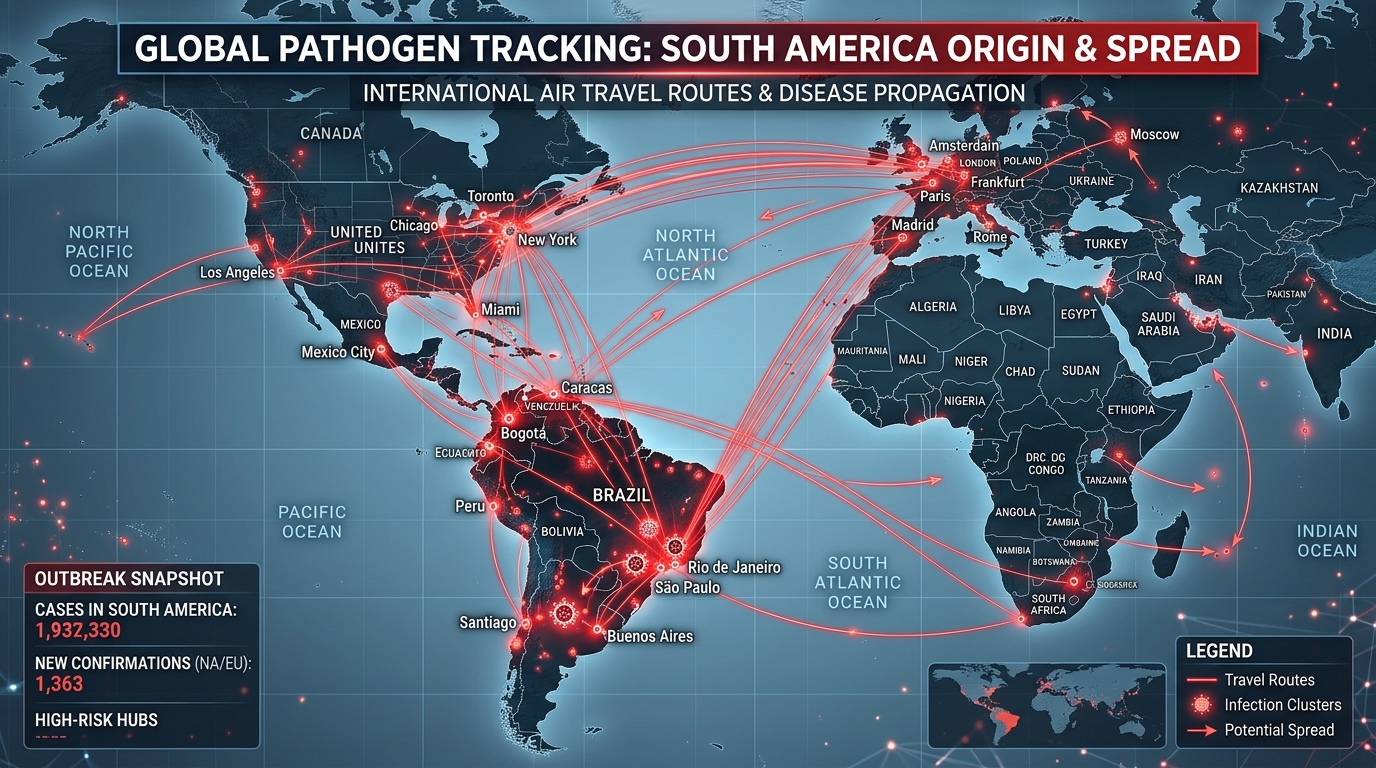 Global passenger tracking after cruise outbreak Global map showing passenger travel routes after MV Hondius cruise ship hantavirus outbreak spread across multiple countries