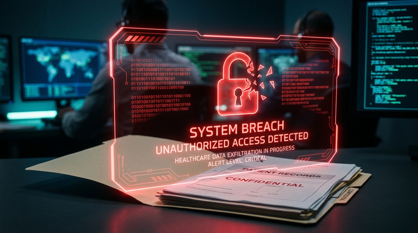 Healthcare Data Security Threats Cybersecurity warning over medical records showing data breach risk
