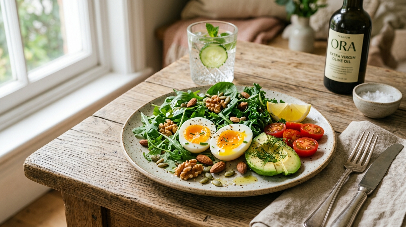 Balanced diet with eggs and nutrient-rich foods for brain health