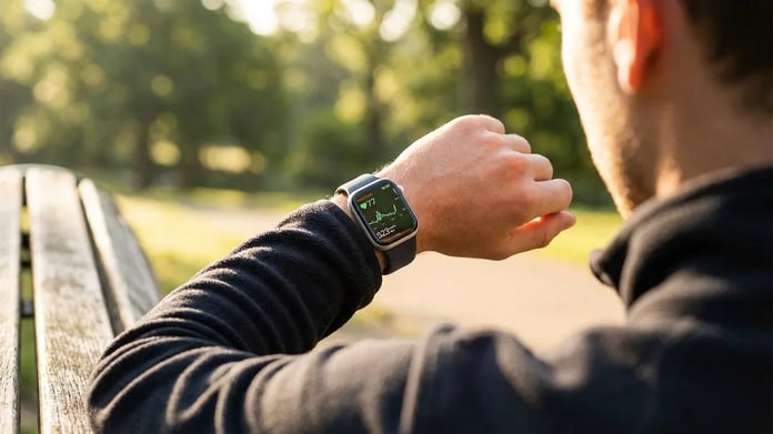 Smartwatch displaying heart rate variability data with biometric graph representing stress and recovery tracking