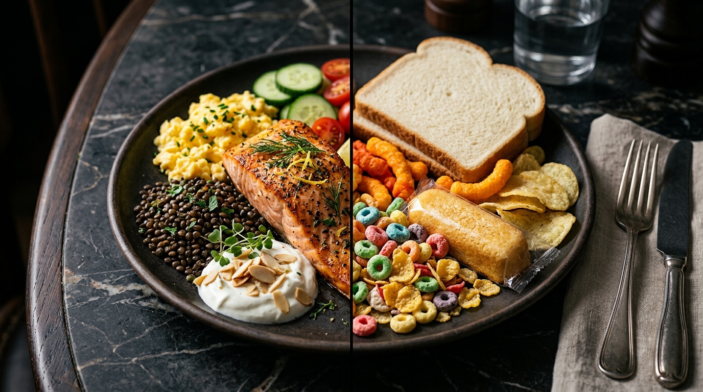 Split plate showing protein-rich foods versus processed low-protein foods