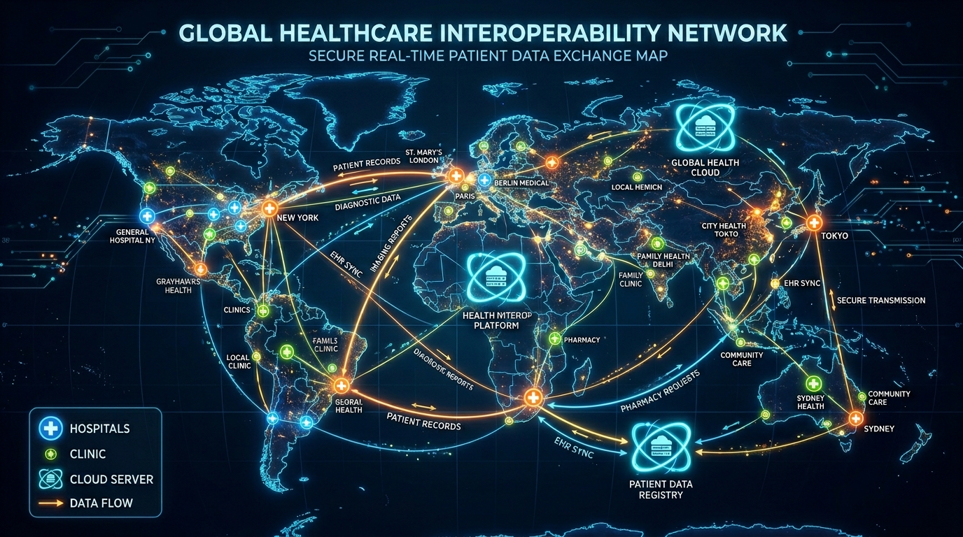 Health Data Interoperability Networks Interconnected hospital systems sharing digital patient data across networks