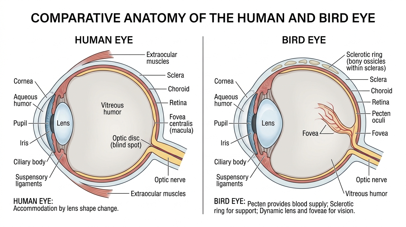 Human vs Bird Eye Evolution Comparison Comparison between human eye and bird eye anatomy showing evolutionary differences