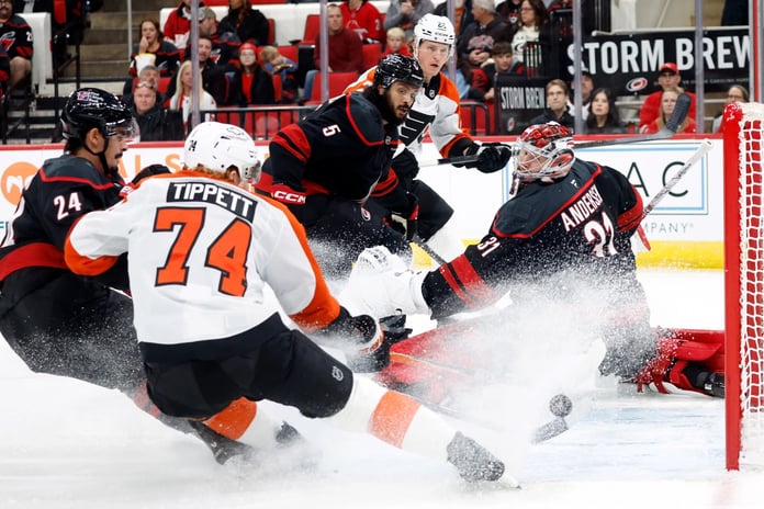 Andrei Svechnikov celebrates during Hurricanes Game 3 win over Flyers in 2026 Stanley Cup Playoffs