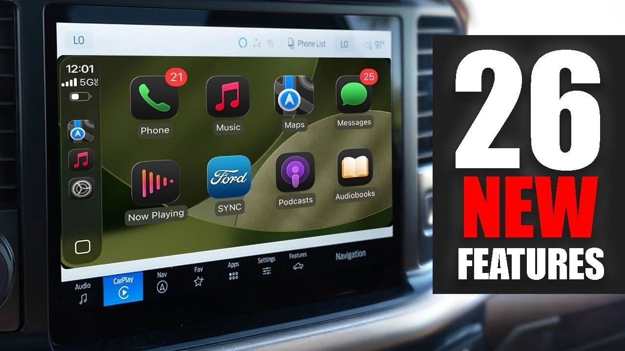 Apple CarPlay iOS 26 dashboard showing widgets, Smart Display Zoom, and customizable interface in a modern car