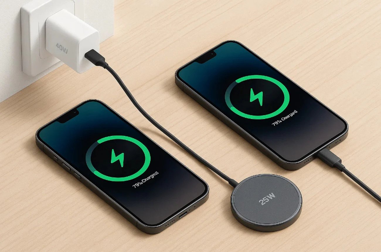 iPhone 17 Pro compared with Android smartphones in charging speed test showing battery percentage increase