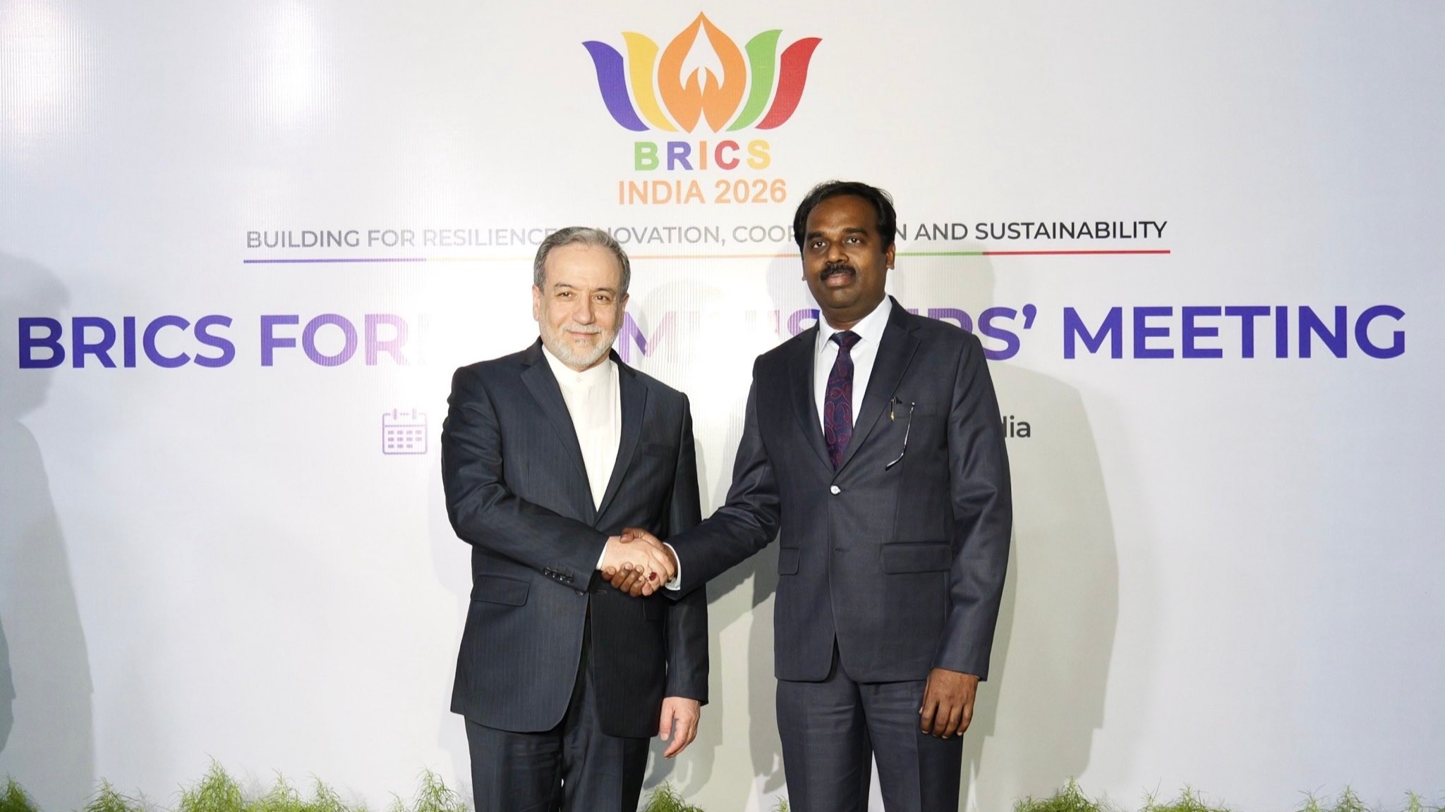 Iranian Foreign Minister Abbas Araghchi speaks during the BRICS Foreign Ministers meeting in New Delhi