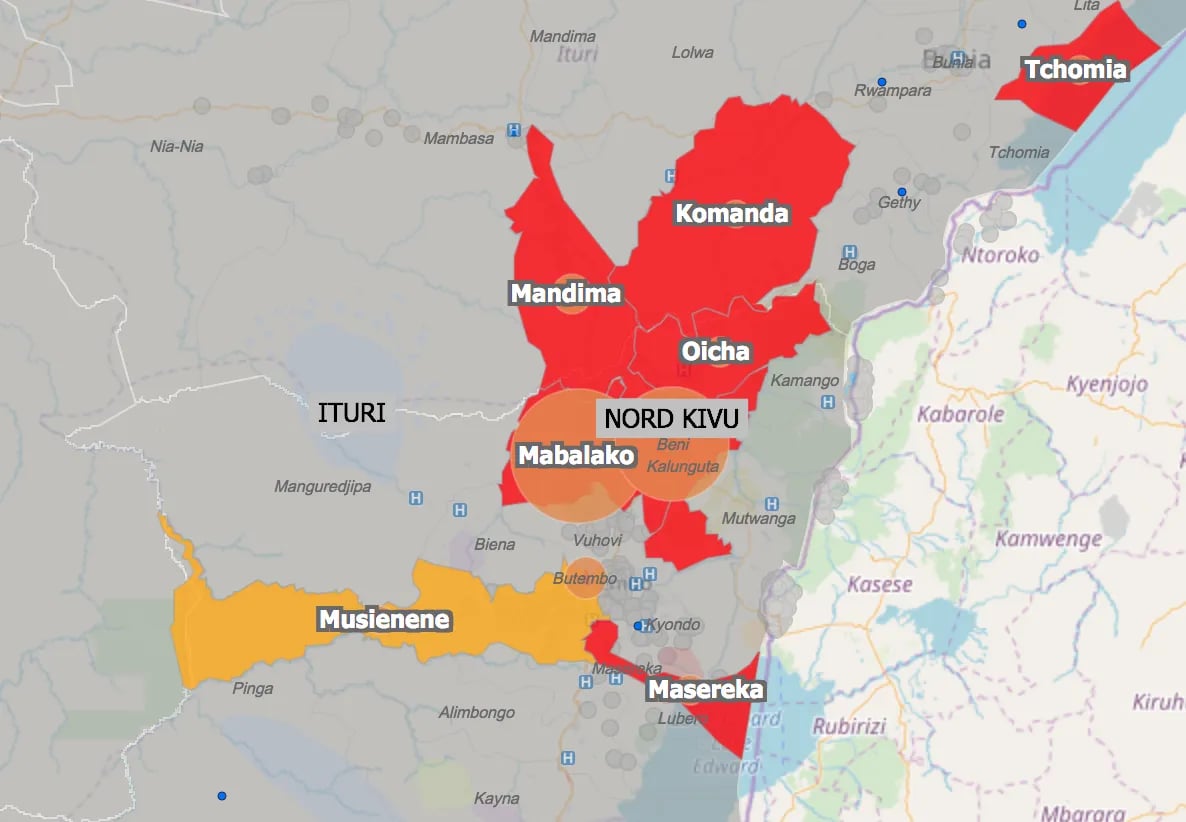 Map showing Ebola outbreak zones in eastern Congo near Uganda