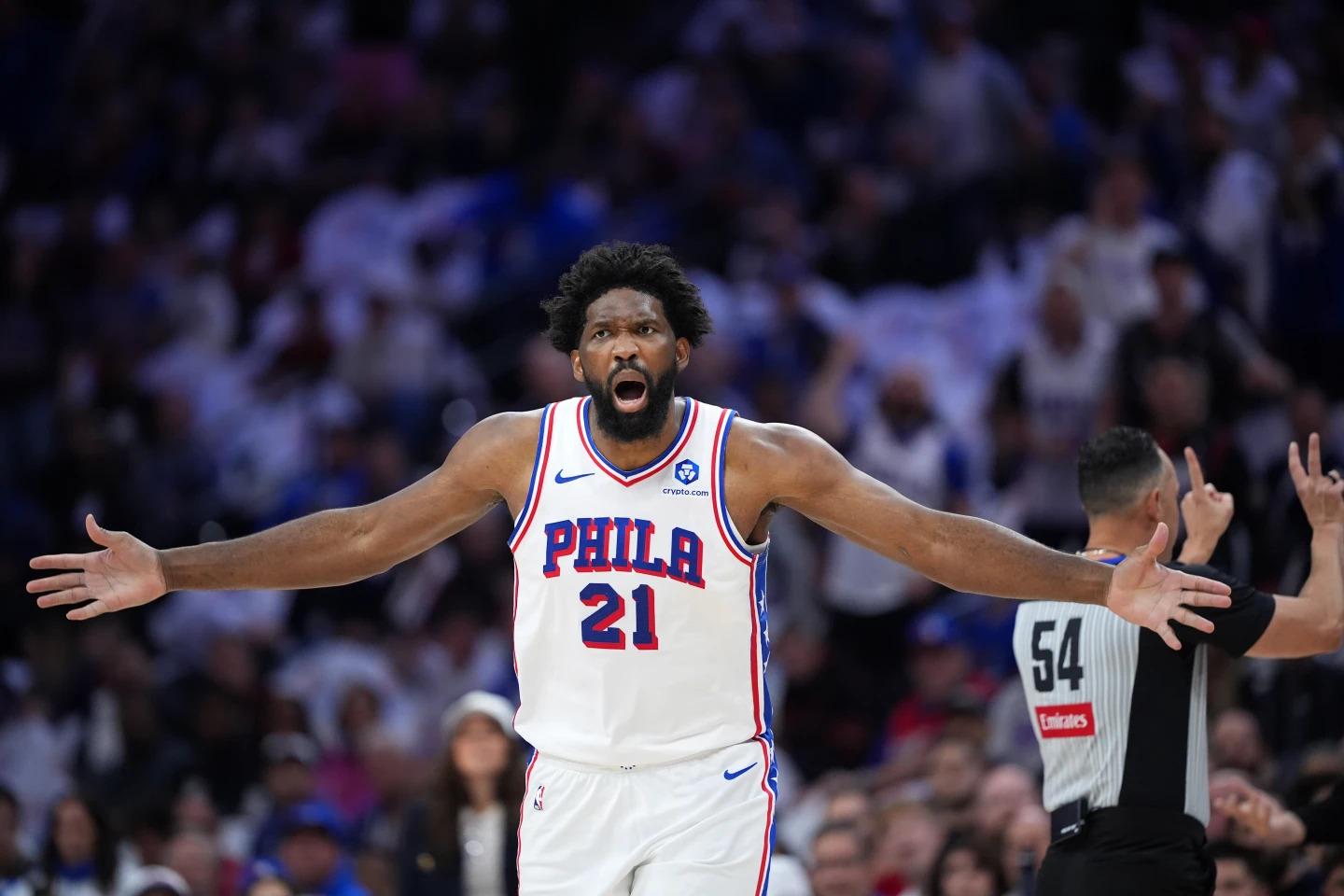 Joel Embiid Returns in Crucial Game 3 Loss Joel Embiid reacts during the Sixers playoff loss to the Knicks in Game 3