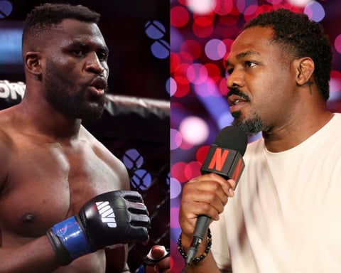 Jon Jones and Francis Ngannou face-off visual representing UFC superfight tension after Ngannou knockout victory