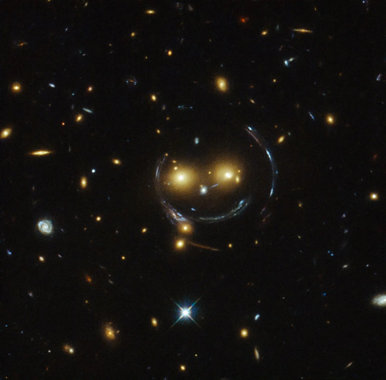 Gravitational lensing revealing a distant early universe galaxy magnified by a galaxy cluster