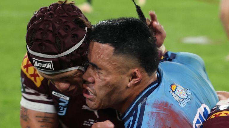 Kalyn Ponga sent off by referee Ashley Klein for a shoulder charge on Tolutau Koula in State of Origin Game 1 2026