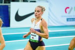 Keely Hodgkinson reacts after breaking the 800m world indoor record