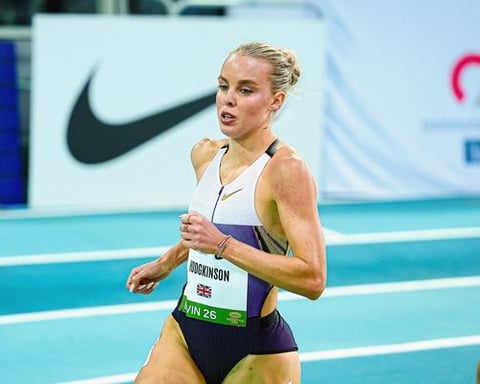 Keely Hodgkinson reacts after breaking the 800m world indoor record