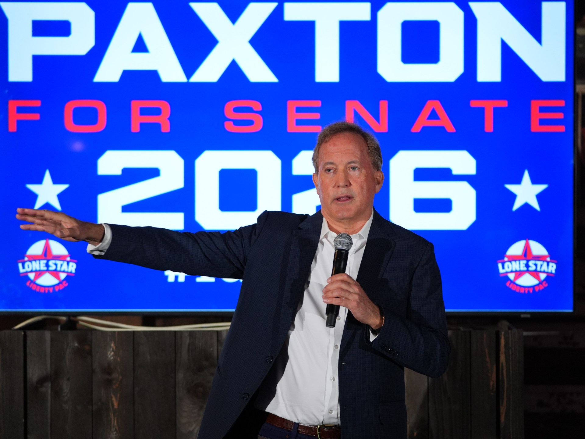 Ken Paxton speaks to supporters at a campaign event in McKinney, Texas, on May 19, 2026
