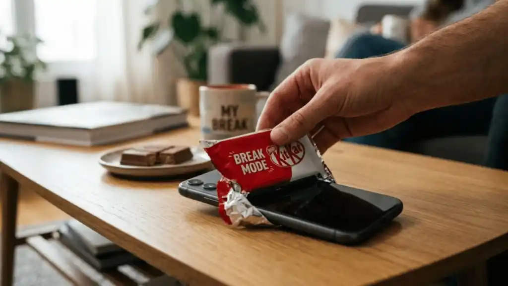 KitKat Uses Faraday Cage Technology in Chocolate Packaging Smartphone placed inside KitKat Break Mode Faraday cage wrapper