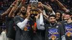 New York Knicks players celebrating on court after sweeping Cavaliers to reach NBA Finals 2026