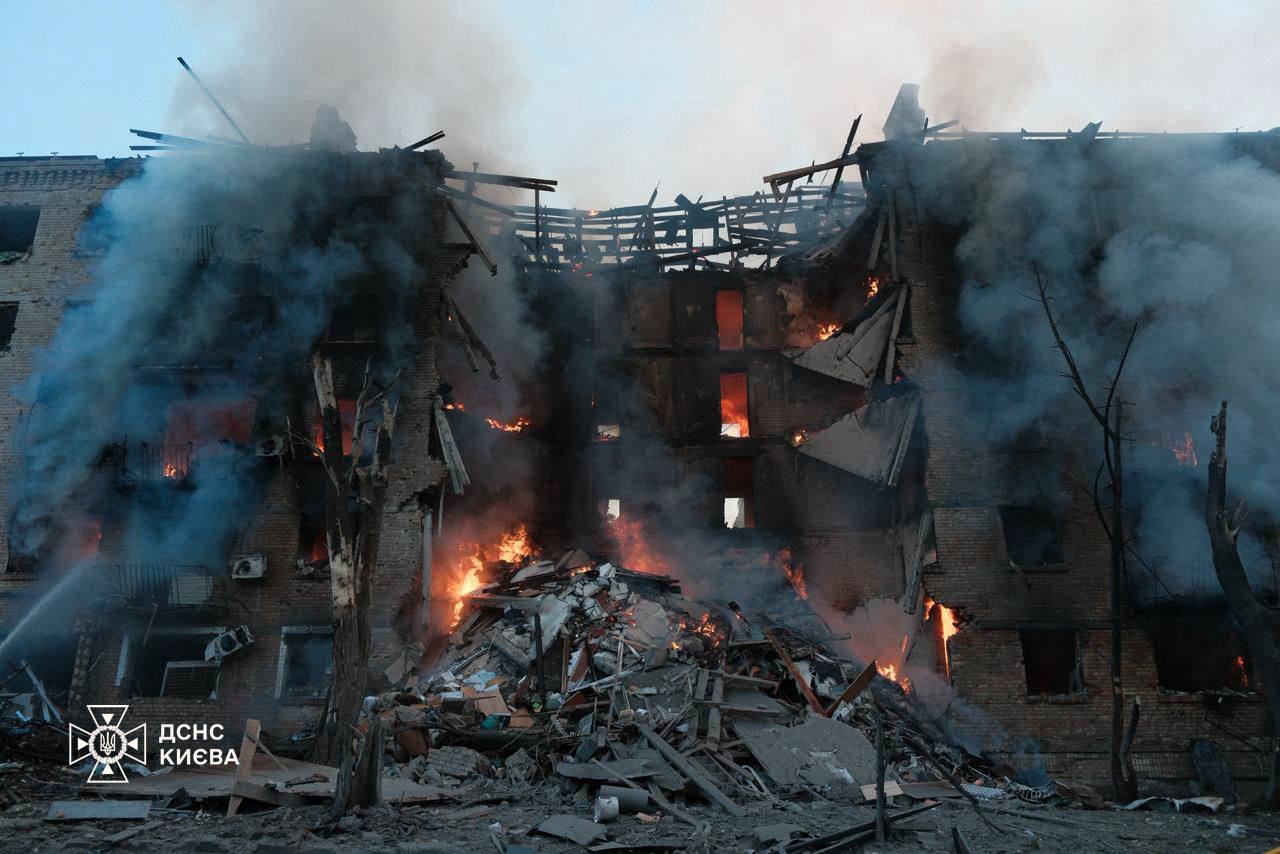 Aftermath of a Russian ballistic missile strike on a residential building in Kyiv, Ukraine, during the massive May 24 2026 assault