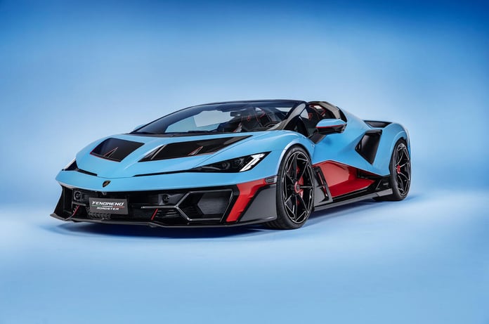 Lamborghini Fenomeno Roadster driving at high speed on mountain road with hybrid V12 performance design
