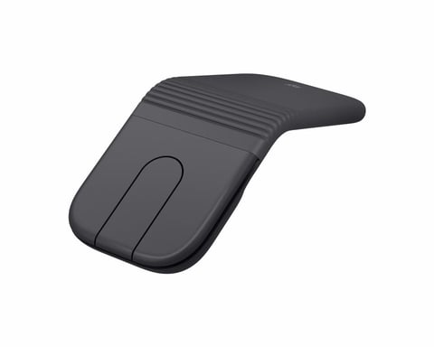Leaked Logitech foldable wireless mouse shown folded flat beside an ultrabook laptop