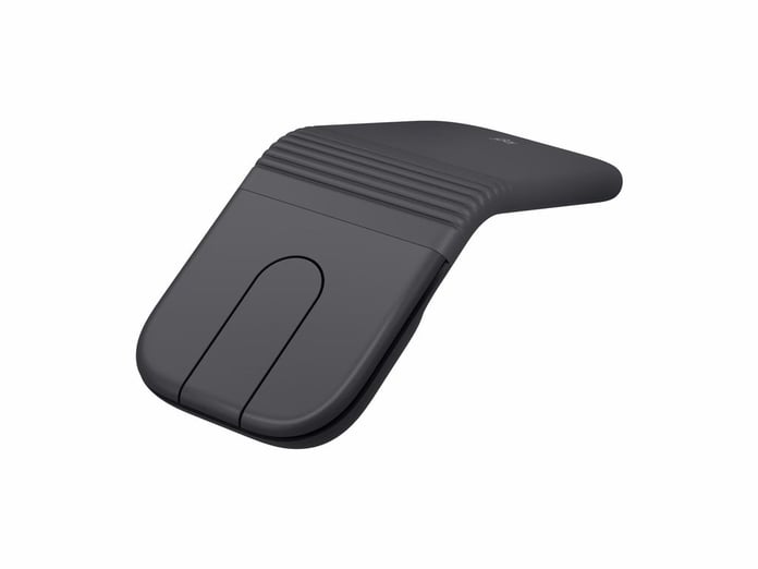 Leaked Logitech foldable wireless mouse shown folded flat beside an ultrabook laptop