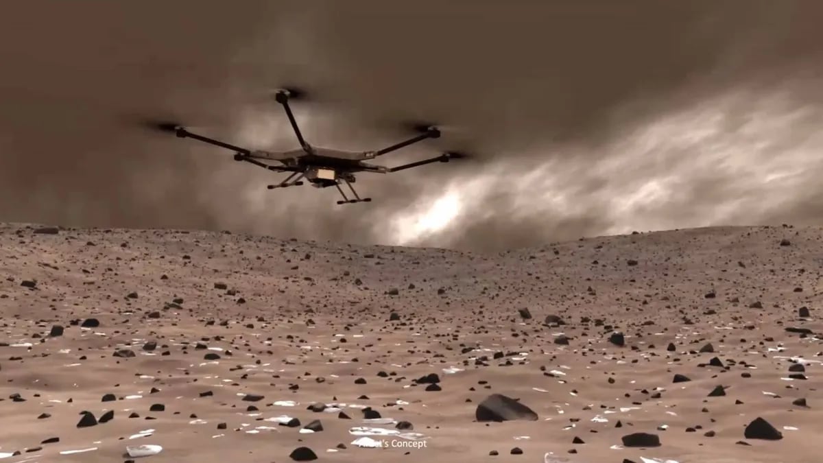 Future Mars Aerial Exploration Helicopter Fleet Concept Concept art showing multiple Mars helicopters flying over rocky Martian terrain for exploration missions