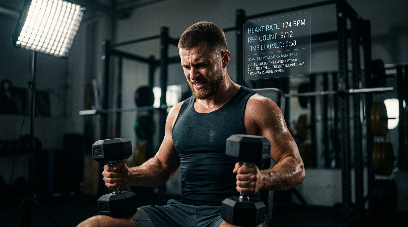 Testosterone and Modern Masculinity Pressure Young man lifting weights in gym with conceptual overlay of hormone optimization data