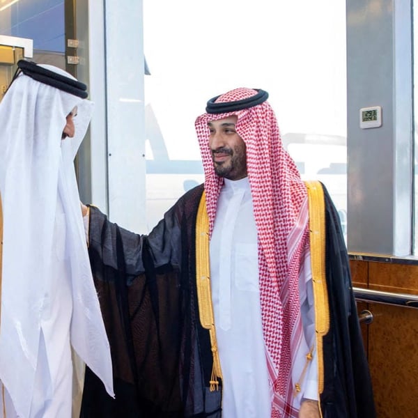 Saudi Crown Prince Mohammed bin Salman receives the Emir of Qatar Sheikh Tamim at a GCC meeting in Saudi Arabia, April 28, 2026