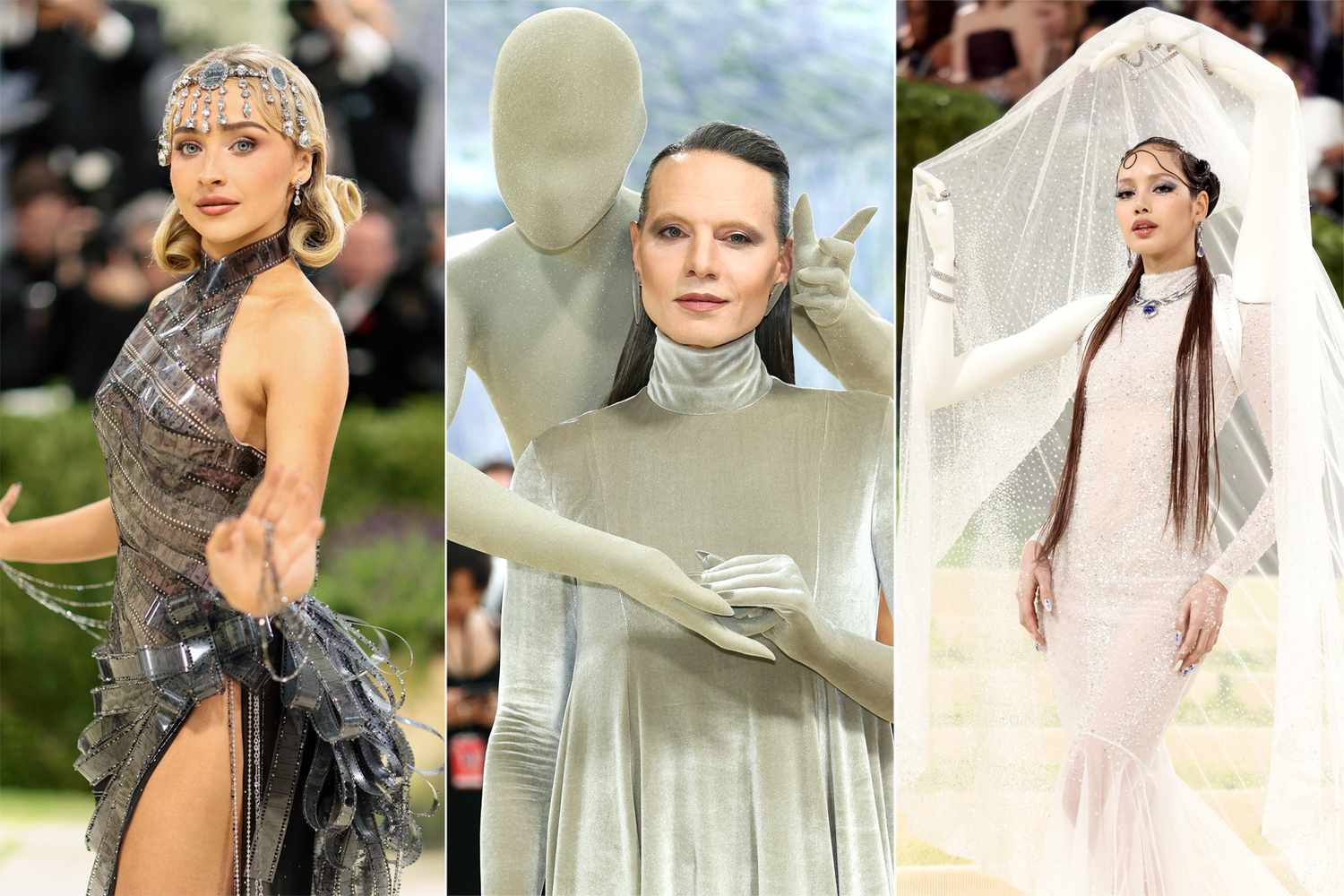 Split image showing Met Gala red carpet glamour contrasted with backstage preparation and assistance