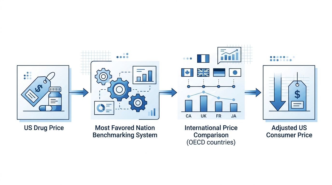 MFN drug pricing system flowchart showing US pharmaceutical benchmarking mechanism