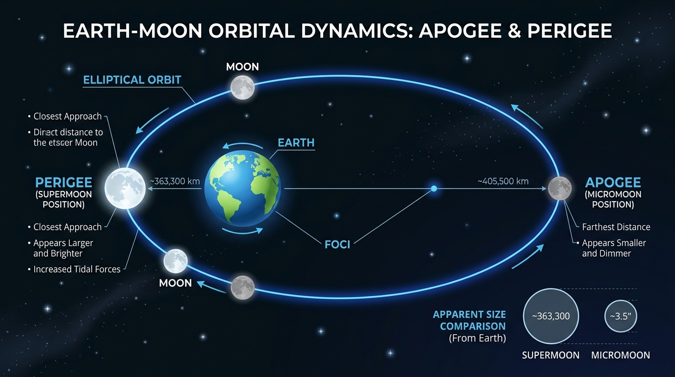 Micromoon Orbit and Apogee Explanation Diagram showing Moon orbit around Earth with apogee micromoon position