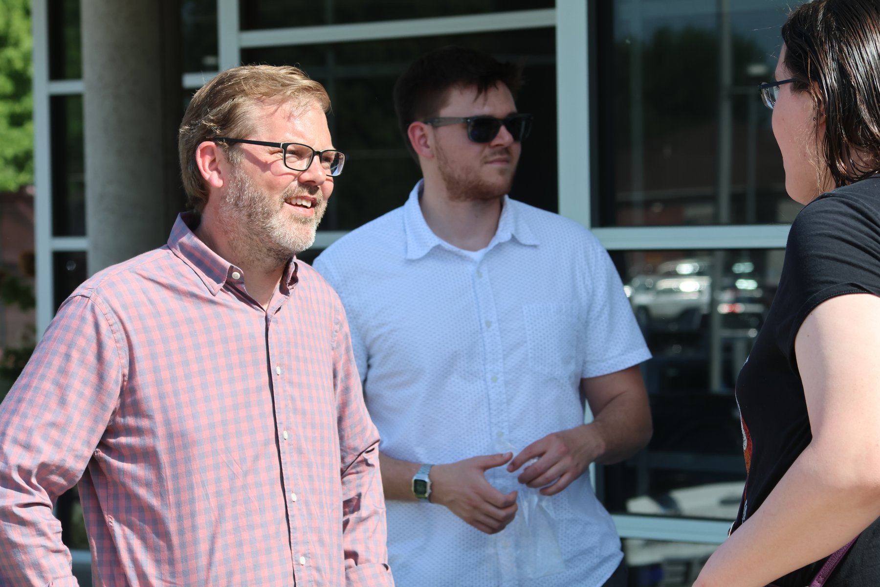 Democratic candidate Chris Backemeyer attends Rep. Mike Flood's Norfolk town hall May 2026