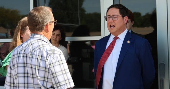 Rep. Mike Flood addresses constituents at Norfolk town hall May 2026
