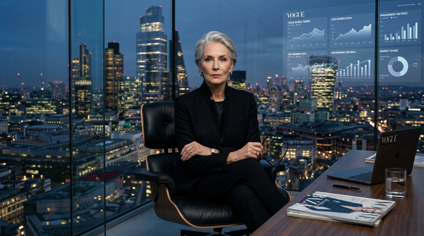 Miranda Priestly seated in a modern fashion editorial office overlooking city skyline