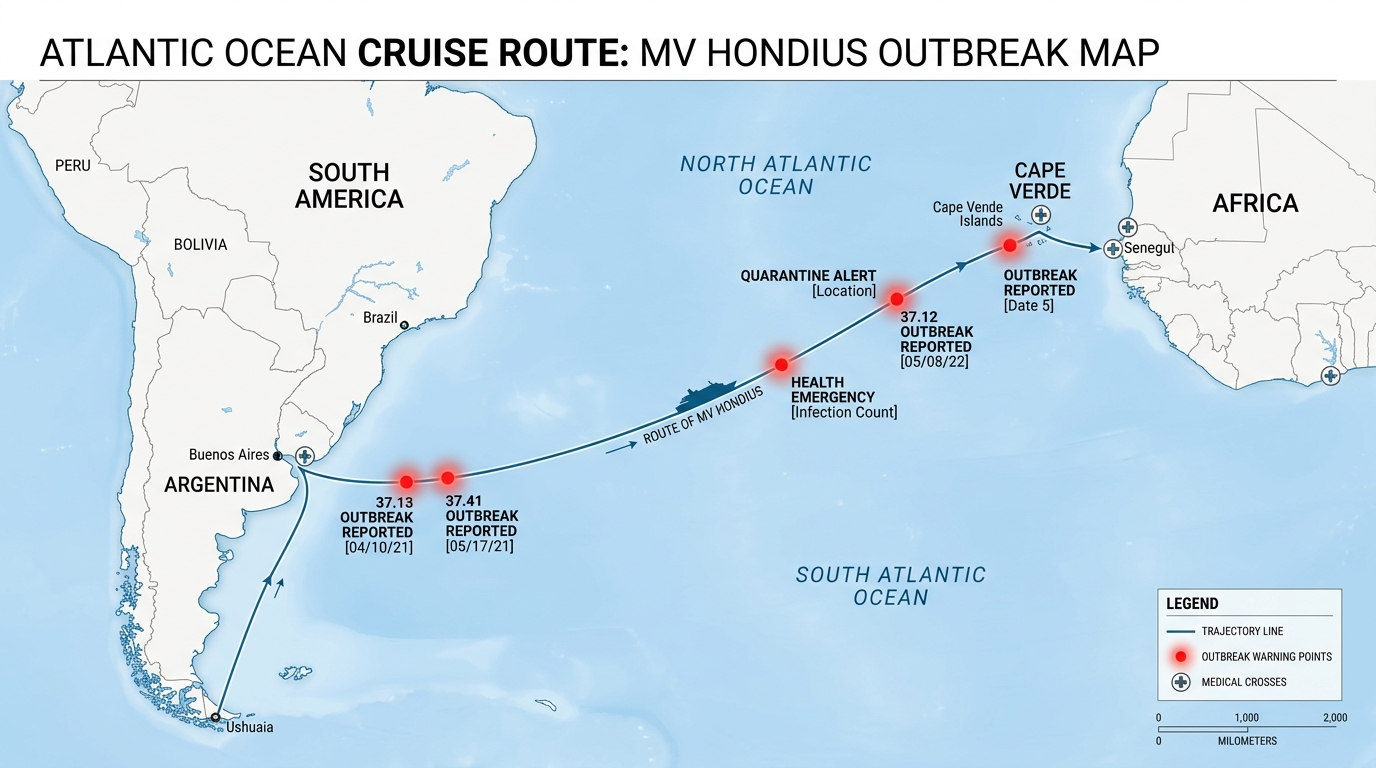 Map showing MV Hondius cruise ship route with outbreak locations marked in the Atlantic