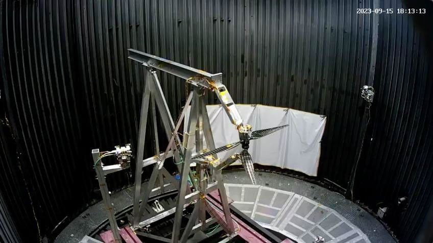 NASA JPL Mars Helicopter Test Chamber Rotor Engineering NASA engineers monitoring Mars helicopter rotor blade testing inside JPL simulation chamber
