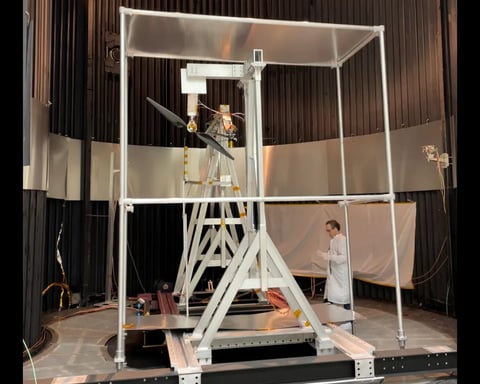 NASA Mars helicopter rotor blade undergoing Mach 1 supersonic testing inside a simulated Martian atmosphere chamber