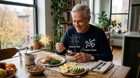 Older adult eating nutrient-rich foods representing key vitamins and minerals needed after 50