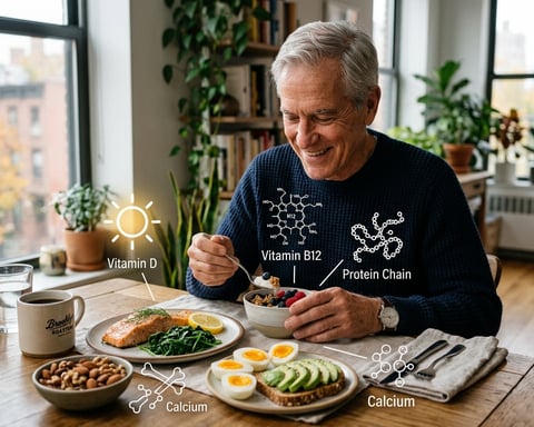 Older adult eating nutrient-rich foods representing key vitamins and minerals needed after 50