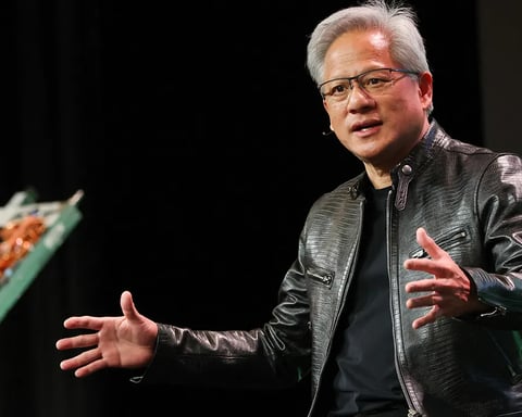 Nvidia CEO Jensen Huang speaks during an AI infrastructure presentation after Nvidia reported record 2026 earnings