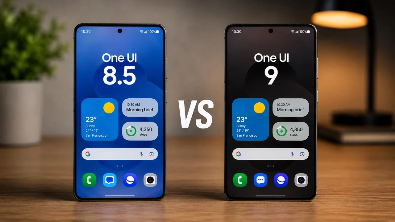Comparison of One UI 8.5 and One UI 9 Quick Panel redesign on Samsung Galaxy devices