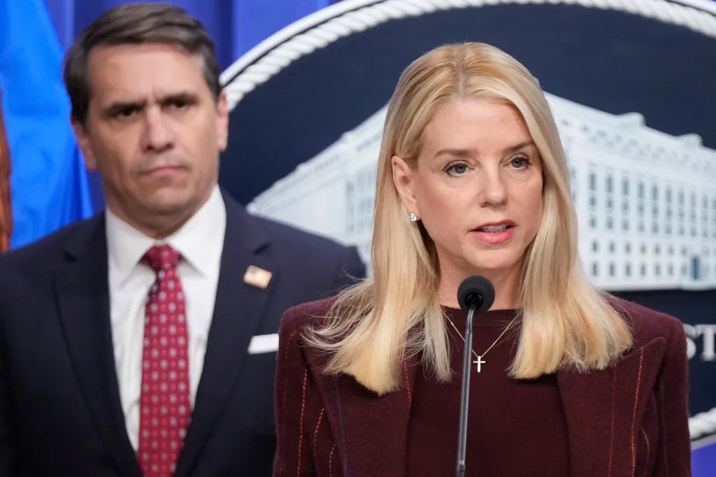 Attorney General Pam Bondi and Deputy Attorney General Todd Blanche at a Department of Justice press conference