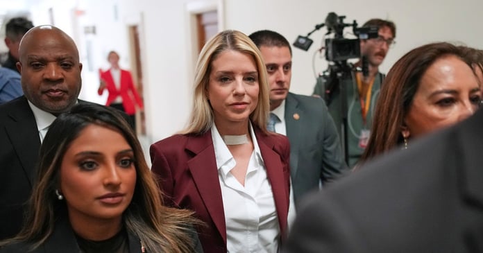 Former Attorney General Pam Bondi arrives at the Rayburn House Office Building for closed-door Epstein testimony May 29 2026