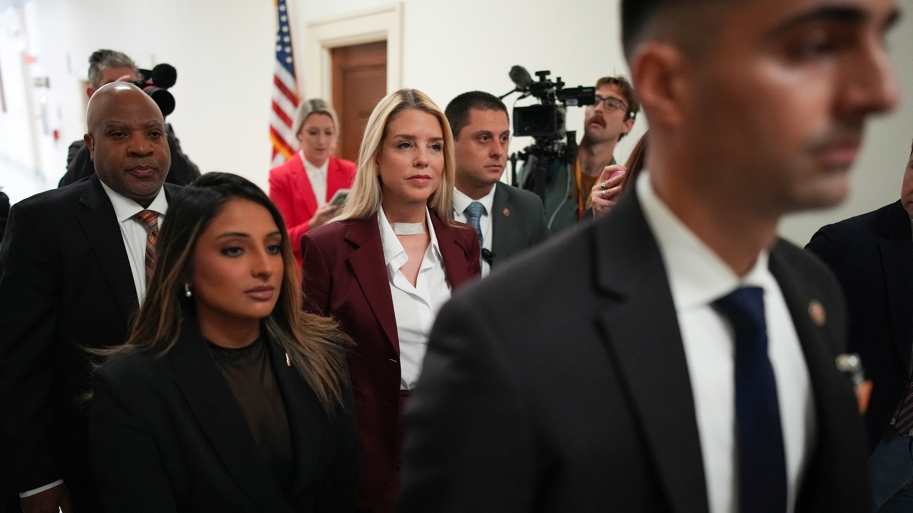 Former Attorney General Pam Bondi arrives at Capitol Hill for her closed-door House Oversight Committee deposition on the Epstein files, May 29, 2026