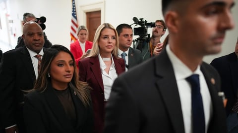 Former Attorney General Pam Bondi arrives at Capitol Hill for her closed-door House Oversight Committee deposition on the Epstein files, May 29, 2026